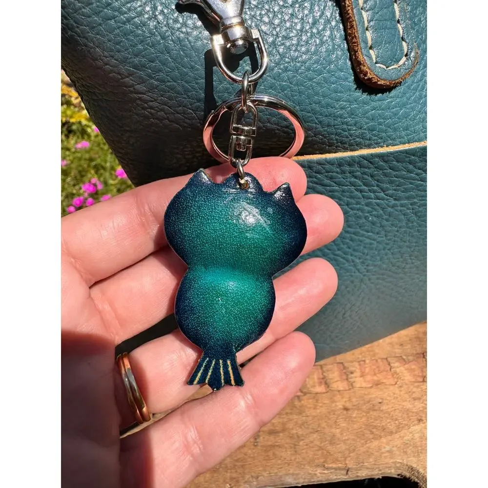 Genuine Leather Small Blue Owl Purse Charm Hand Painted Barn Owl Bag Charm